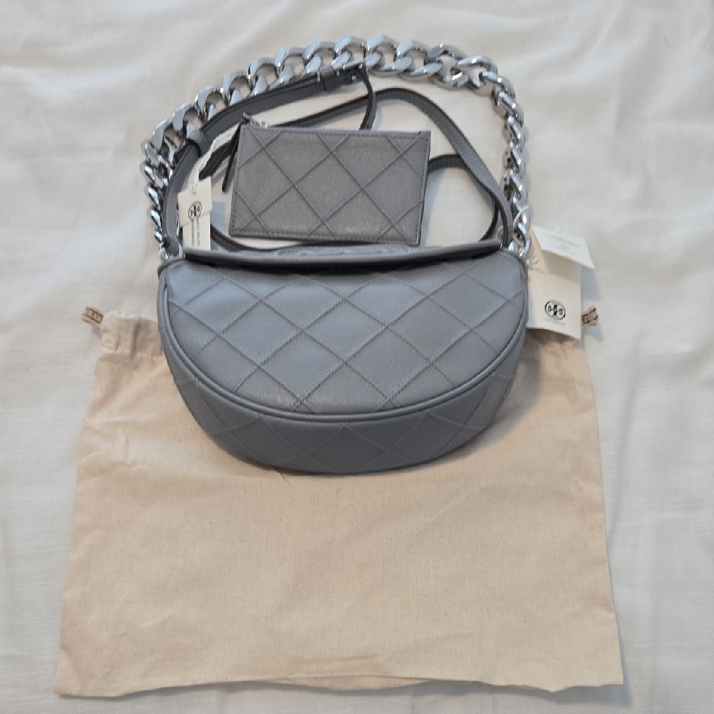 Tory Burch Gray Quilted Shoulder Bag And Wallet